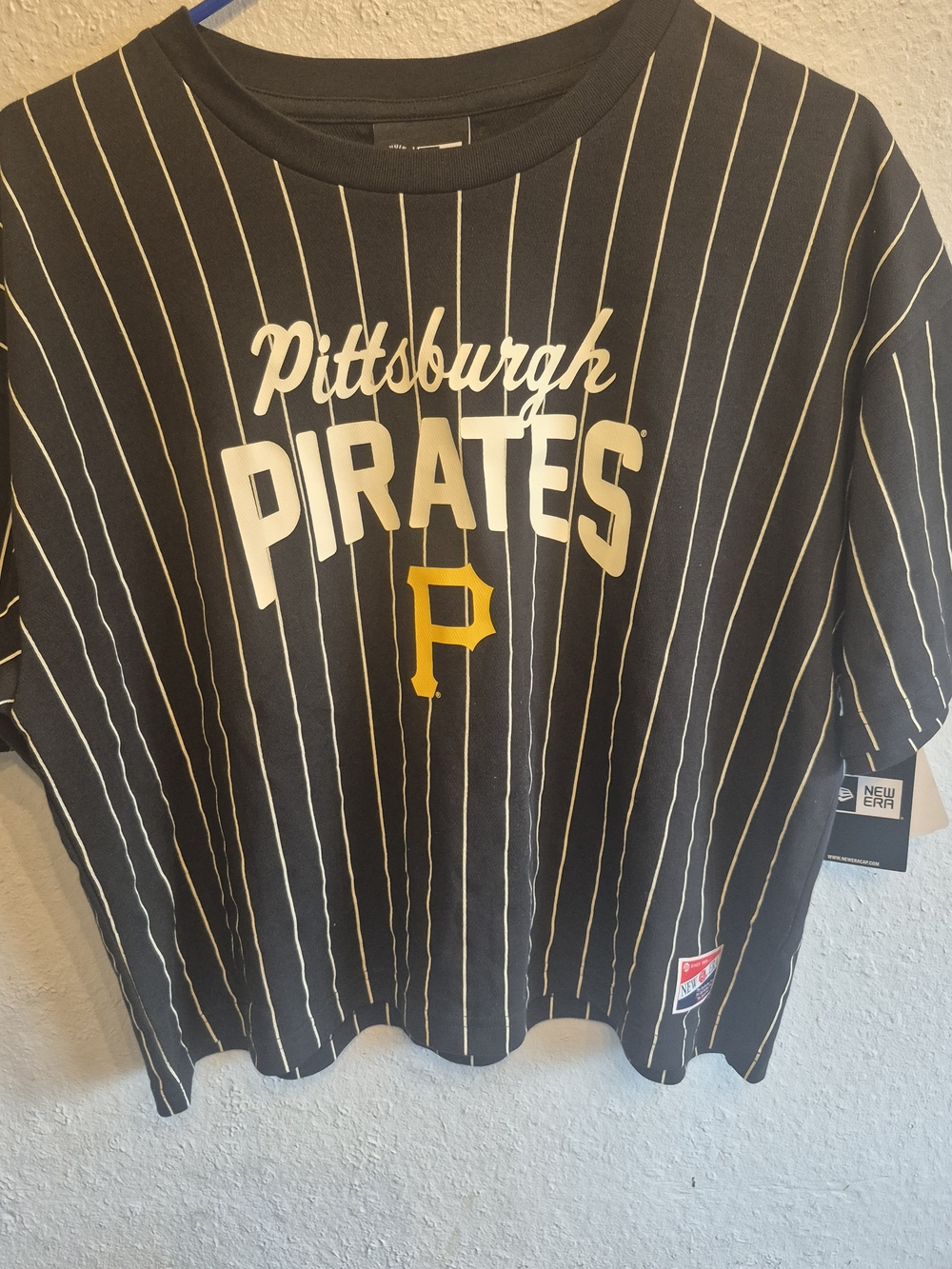 New Era Pittsburgh Pirates Black White Pinstripe Tee with Yellow P Logo